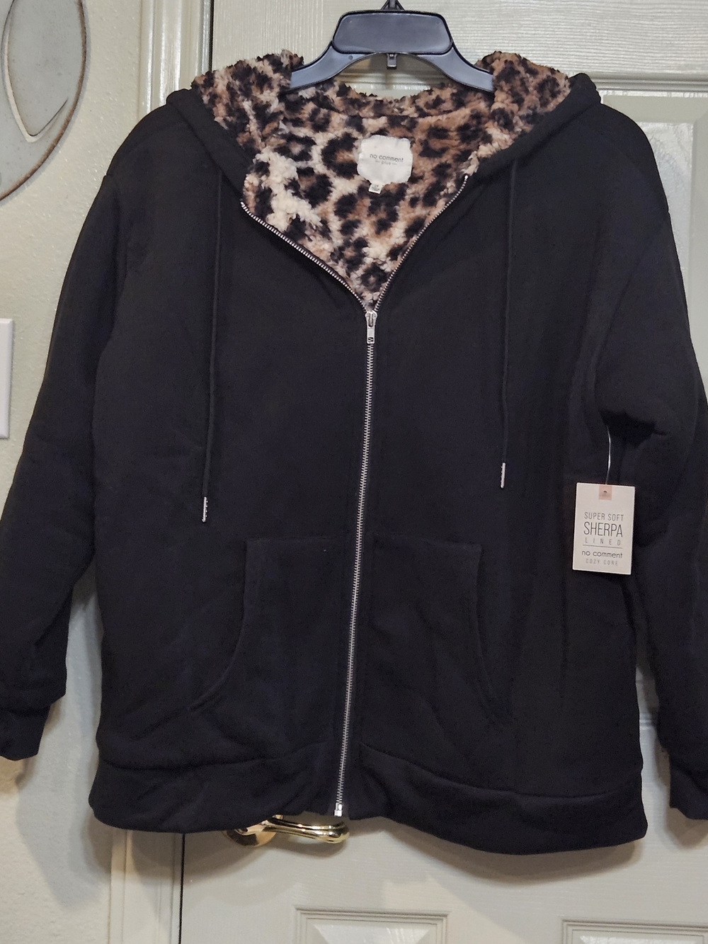 No Comment Black Zip Hoodie with Leopard Sherpa Lining